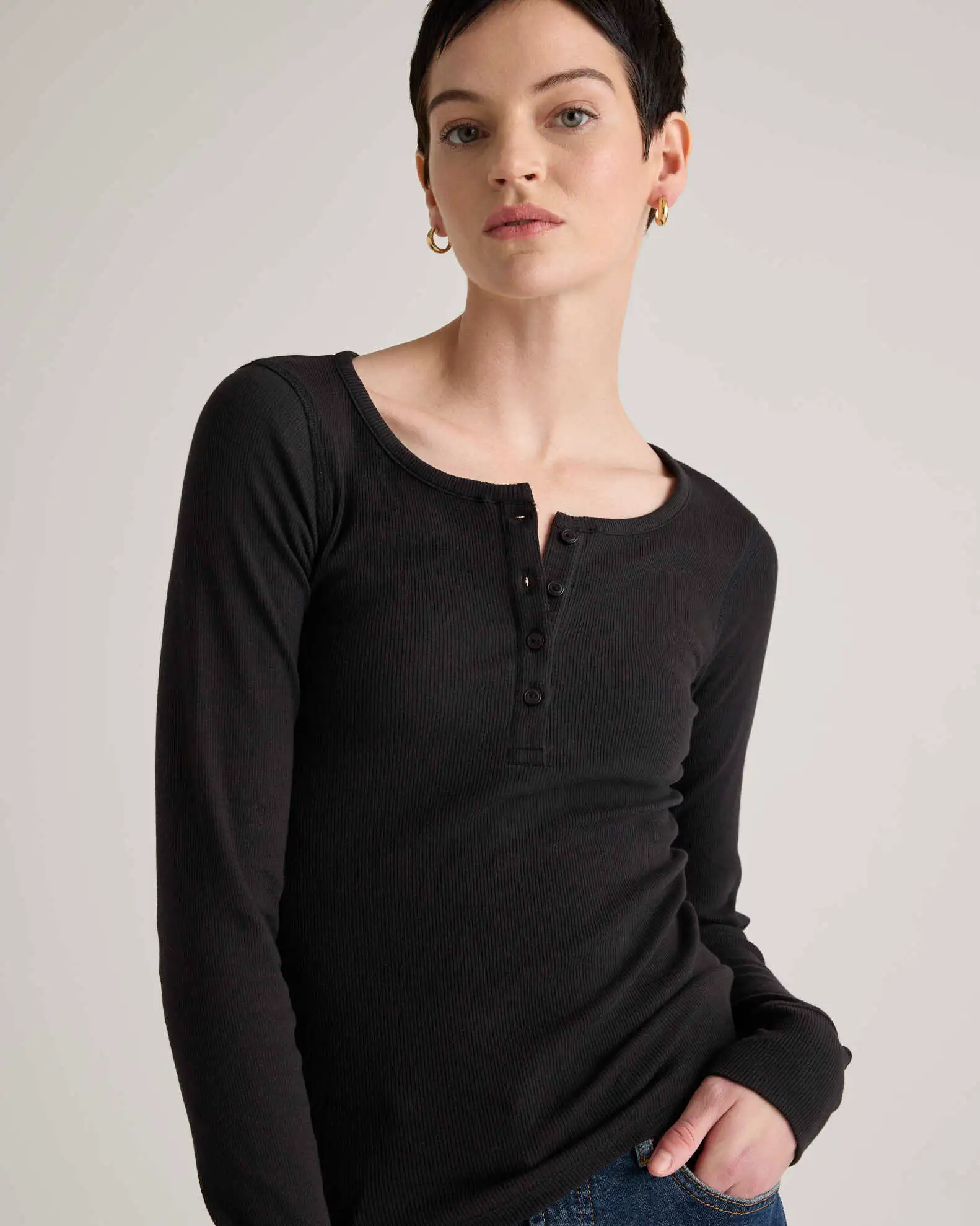 Organic Cotton Micro-Rib Henley Long Sleeve Tee