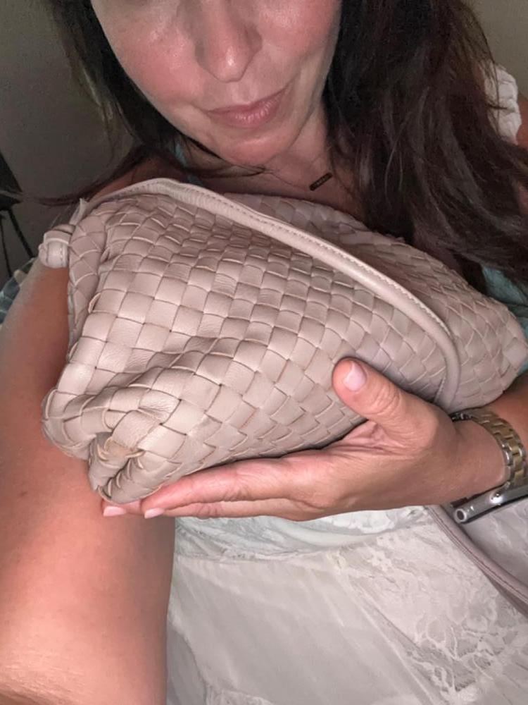 Customer image of Italian Leather Handwoven Pouch Crossbody Clutch