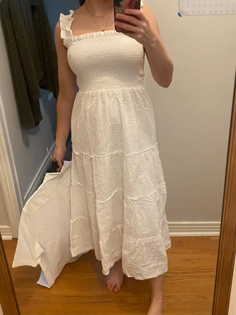 sachin and babi light blue dress Jzuxvd Women's 2024 Eyelet Lace Embroidery Smocked Waist Party Dress Sexy  Flutter Sleeve A Line Midi Long Sun Dress White XL main image 1