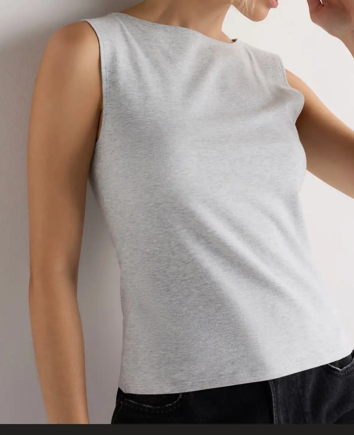 Stretch Cotton Jersey Boat Neck Tank in Black