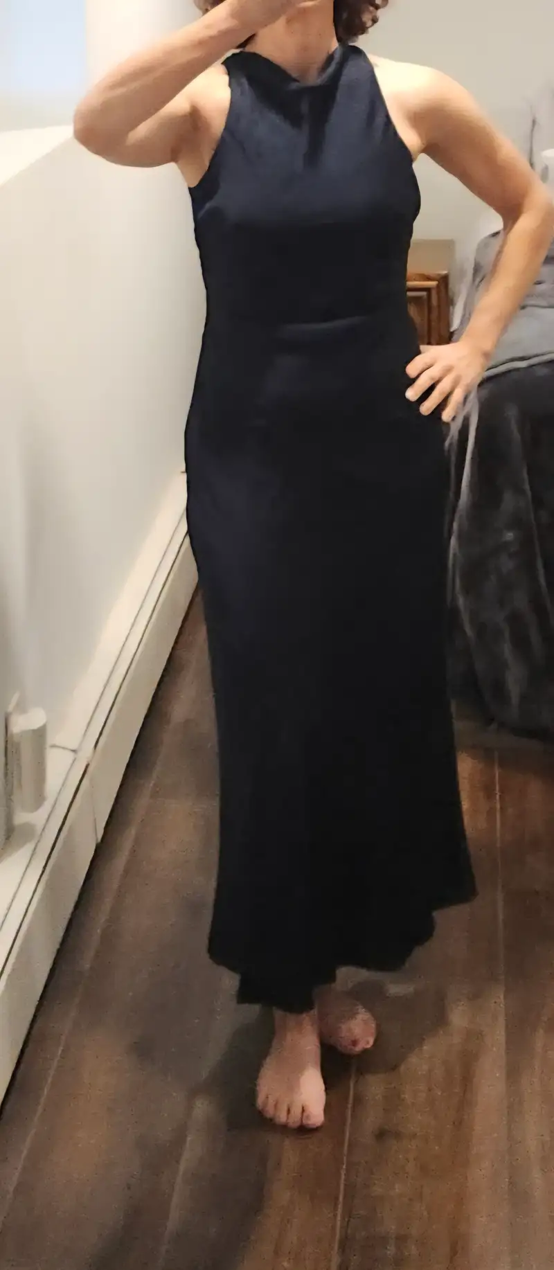 Washable Stretch Silk High Neck Midi Dress