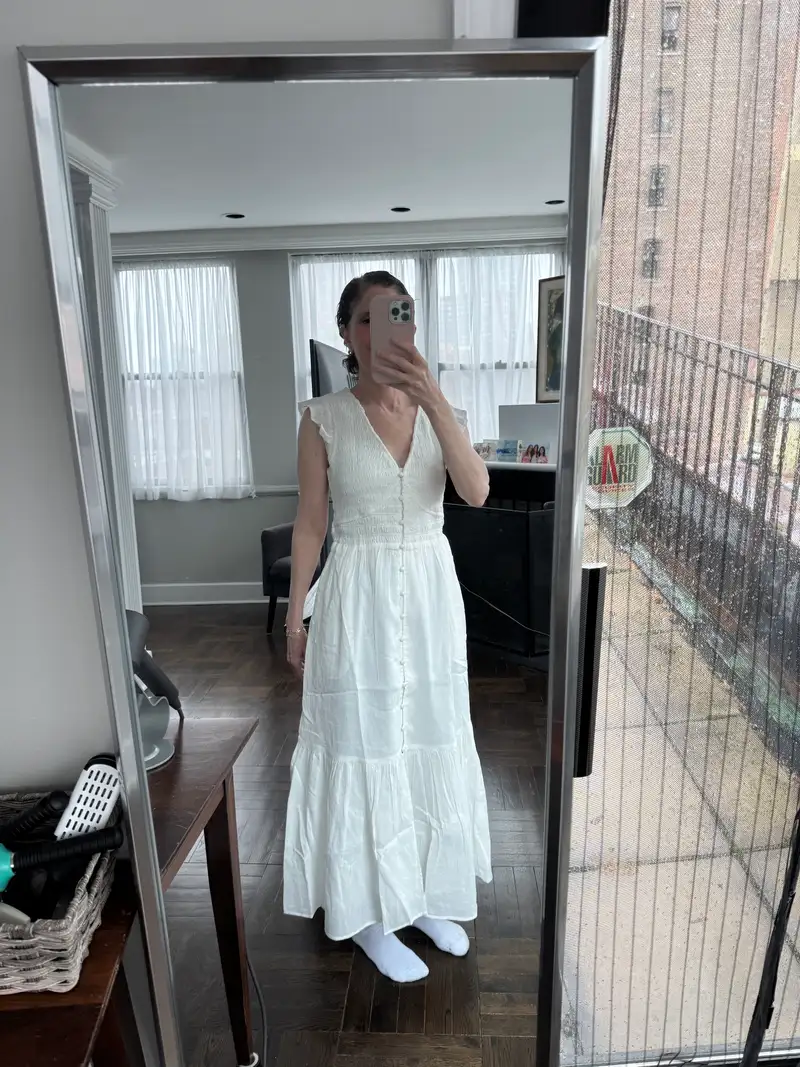 Organic Textured Cotton Smocked V-Neck Midi Dress
