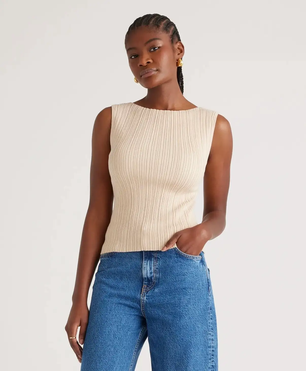 Cotton Cashmere Ribbed Tank in Heather Oatmeal