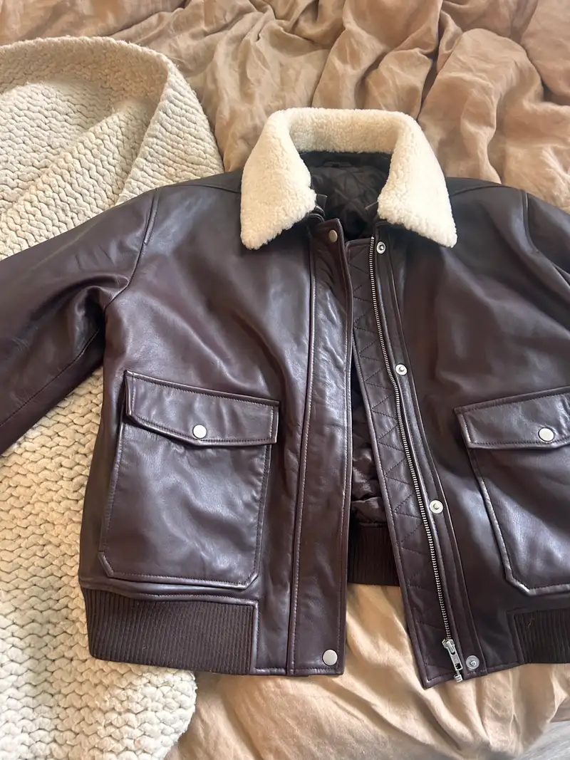 100% Leather Shearling Trim Aviator Jacket in Black
